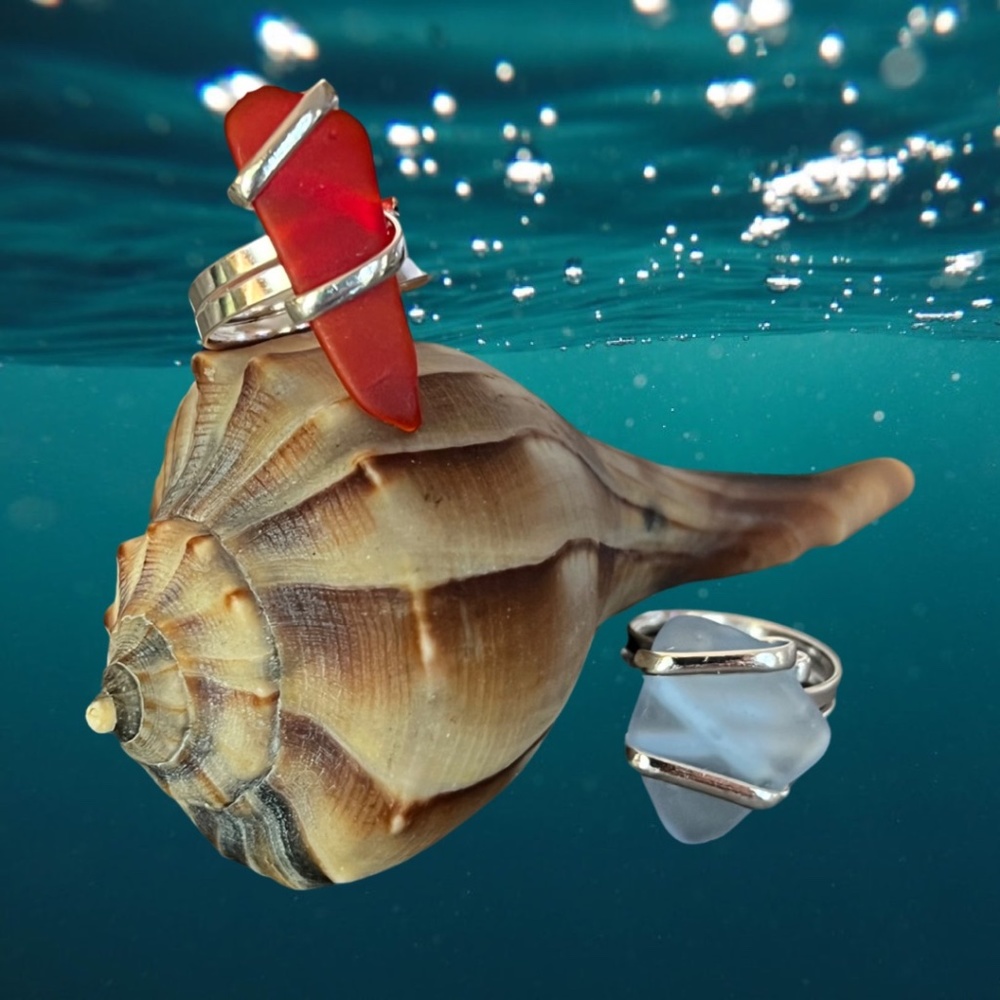 Red and Carolina Blue Pompano Beach Glass Freeform  Adjustable Ring